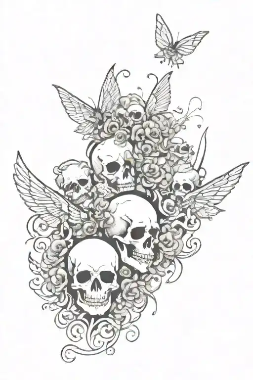 skulls and fairies with afros flying tattoo design idea