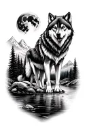 realism-two wolves by a river in forest, one crossing river the other howling at moon with mountains in background  tattoo design idea