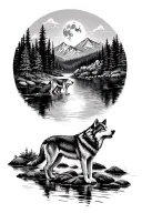 realism-two wolves by a river in forest, one crossing river the other howling at moon with mountains in background  tattoo design idea