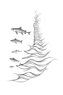 waves going up spine with sharks swimming tattoo design idea