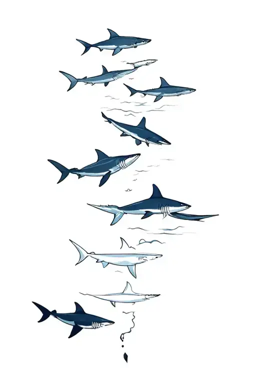 waves going up spine with sharks swimming tattoo design idea