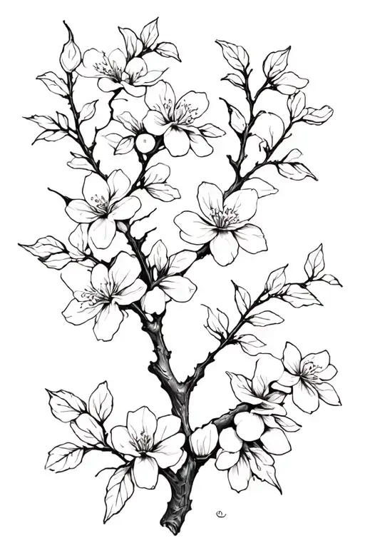 black and white masculine cherry branch tattoo with blossoms tattoo design idea