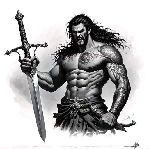 musclular angry illyrian warrior holding a sword in his one hand and a libra on the other hand. water must show tattoo design idea