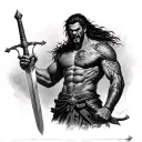 musclular angry illyrian warrior holding a sword in his one hand and a libra on the other hand. water must show tattoo design idea