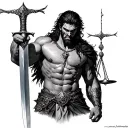 musclular angry illyrian warrior holding a sword in his one hand and a libra on the other hand. water must show tattoo design idea