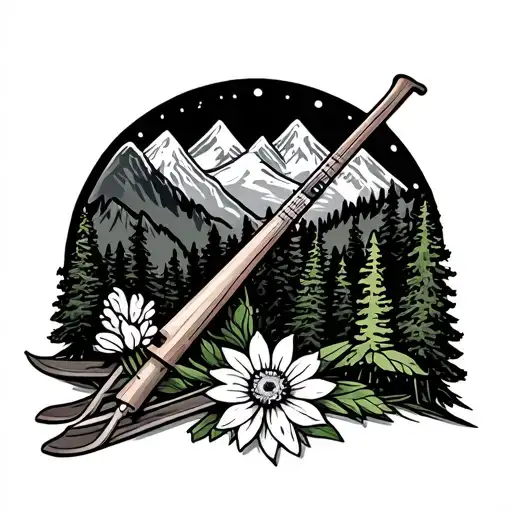  skis and poles, a Alphorn, an edelweiss flower, and some mountains and trees in a stamp outline/frame tattoo design idea