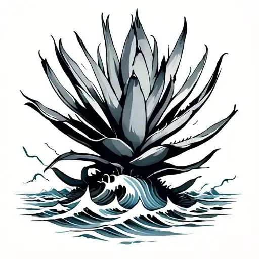 agave plant growing with waves crashing tattoo design idea