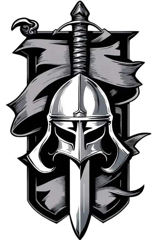 knights Templar helmet and sword with banner in background tattoo design idea
