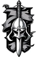 knights Templar helmet and sword with banner in background tattoo design idea
