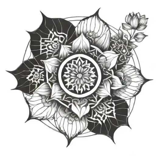Dharma Wheel with Lotus Flower bouquet tattoo design idea