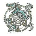 welsh dragon, Ironman triathlon logo, bicycle chainring, ocean waves, road tattoo design idea