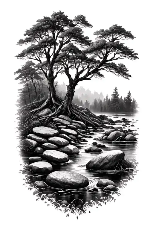 Farn trees stones stream tattoo design idea