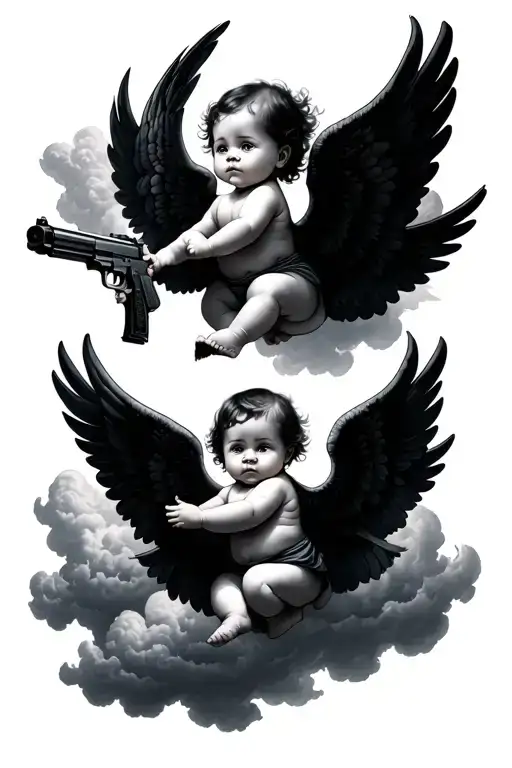 baby angels holding guns flying in the sky filled with clouds simple design  tattoo design idea