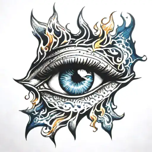 Blue eye crying tears of blood surrounded by flames tattoo design idea