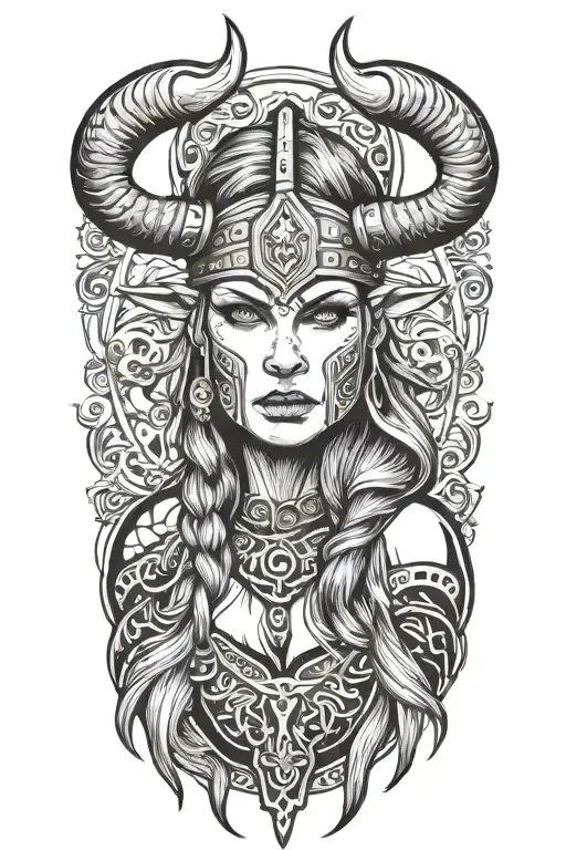 Sexy viking girl face, stag head tattoo design idea