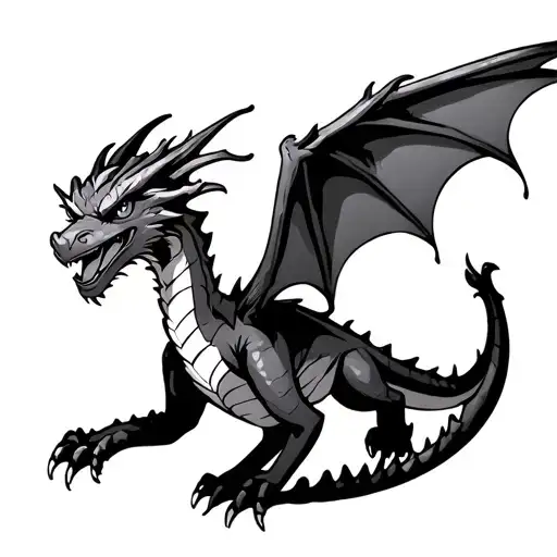 a gentle dragon with clearly defined facial features and spread wings, hovers in the air and looks straight ahead tattoo design idea