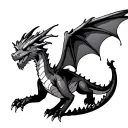 a gentle dragon with clearly defined facial features and spread wings, hovers in the air and looks straight ahead tattoo design idea