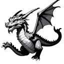 a gentle dragon with clearly defined facial features and spread wings, hovers in the air and looks straight ahead tattoo design idea