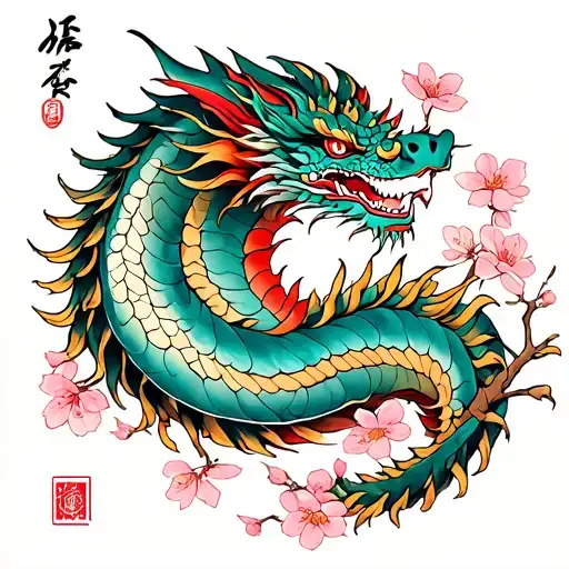 japanese dragon cherry blossom branch tattoo design idea