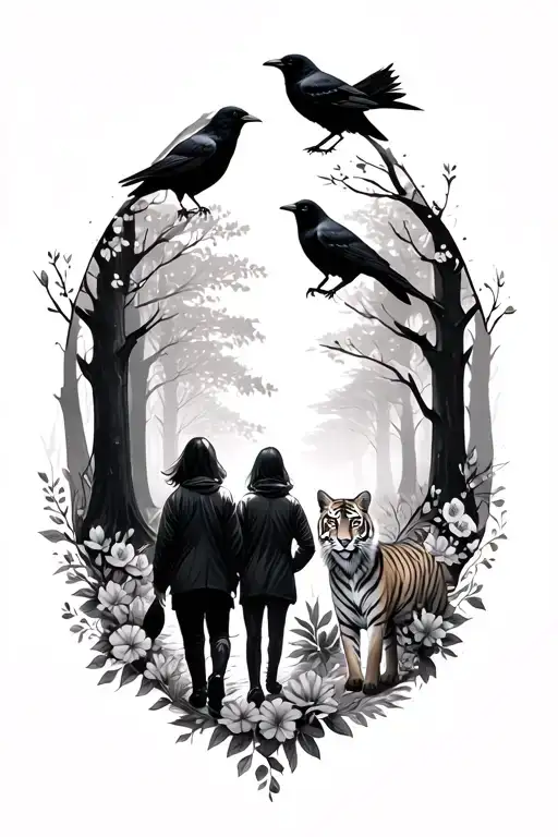 shaded forest two people walking crows and a fox with flowers around it and a tiger with flowers around it tattoo design idea