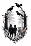 shaded forest two people walking crows and a fox with flowers around it and a tiger with flowers around it tattoo design idea
