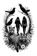 shaded forest two people walking crows and a fox with flowers around it and a tiger with flowers around it tattoo design idea