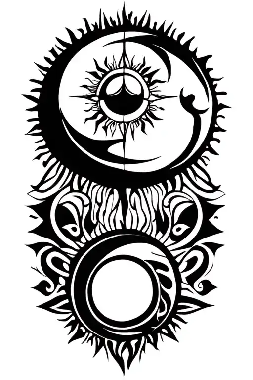 tribal/celtic suns x3 and a moon using negative space theme tattoo design idea