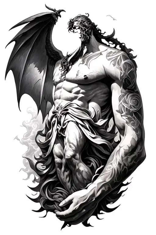Halv sleeve tattoo on upper arm. Central should be lucifer falling from the sky. Surrounded by shadows. Split the tattoo tattoo design idea