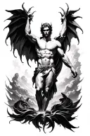 Halv sleeve tattoo on upper arm. Central should be lucifer falling from the sky. Surrounded by shadows. Split the tattoo tattoo design idea