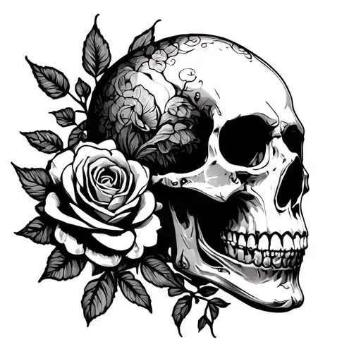 gothic skull with roses tattoo design idea