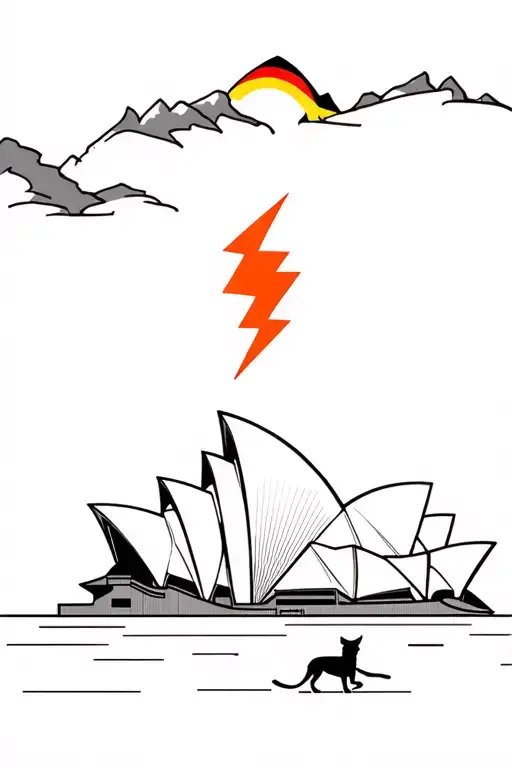 sydney opera house, aboriginal flag, lightning, black dog, mountain, tree tattoo design idea