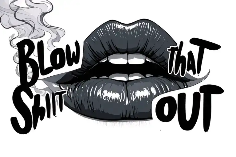 "Blow that shit out" full lips with smoke billowing tattoo design idea