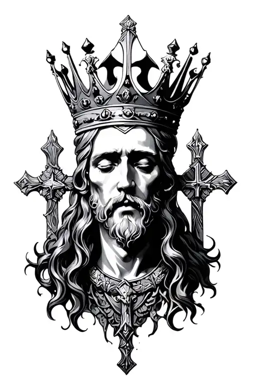 head down crusifixian with crown and cross tattoo design idea
