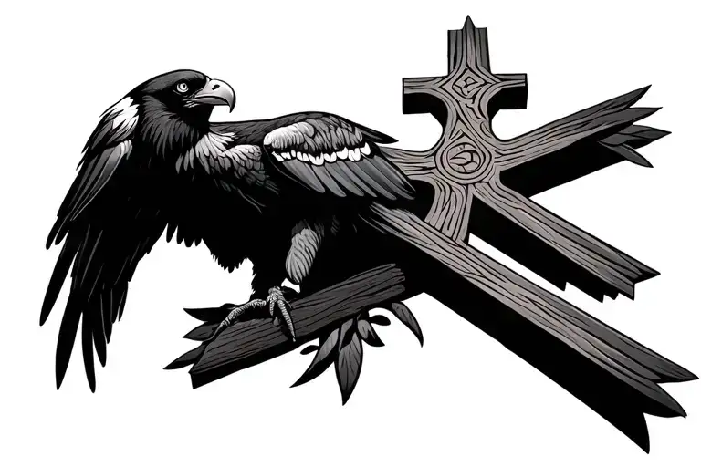 a condor perched on top of a tribal cross in black and grey tattoo design idea