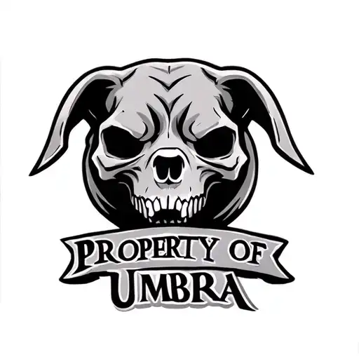 a simplistic bold hellhound skull with text that reads 'Property of Umbra' tattoo design idea