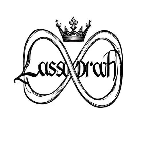 "Lasabrah " infinity symbol intertwined withinthe name written with crown on top  tattoo design idea