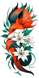 full nine tailed fox with spider lilies around it tattoo design idea