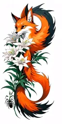 full nine tailed fox with spider lilies around it tattoo design idea