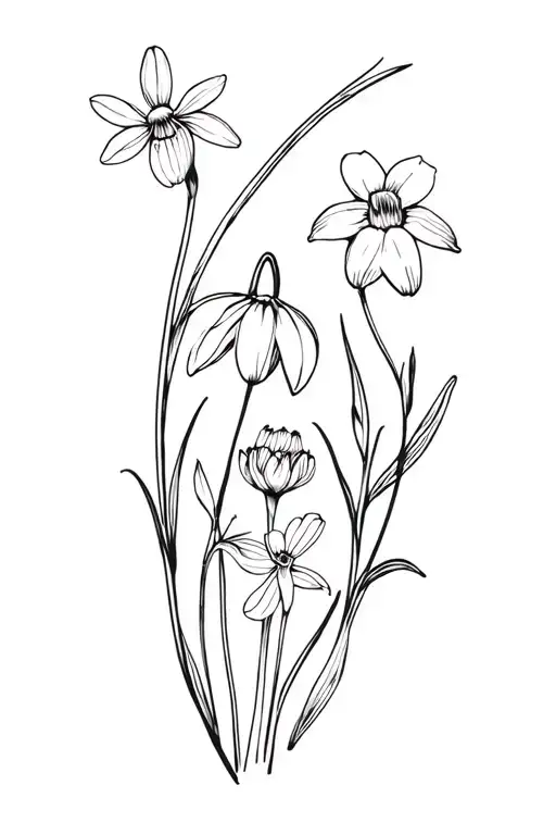a dainty black fine line array of flowers including a snowdrop, violet, daffodil, sweet pea, and honeysuckle, with small tattoo design idea