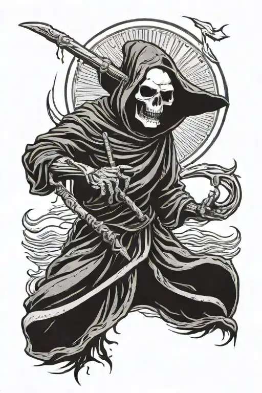 The Grim Reaper looks forward with the sun behind his head holding a sickle. tattoo design idea