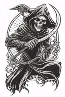 The Grim Reaper looks forward with the sun behind his head holding a sickle. tattoo design idea