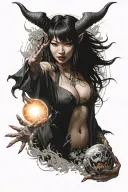 Beautiful Japanese half demon woman, big boobs, giving you a glowing orb, pointing at camera, black devil wings, tattoo design idea