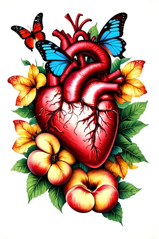 heart rhythm, peaches, butterflies tattoo design idea