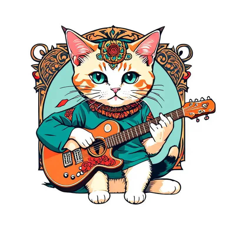 samari cat playing a guitar tattoo design idea