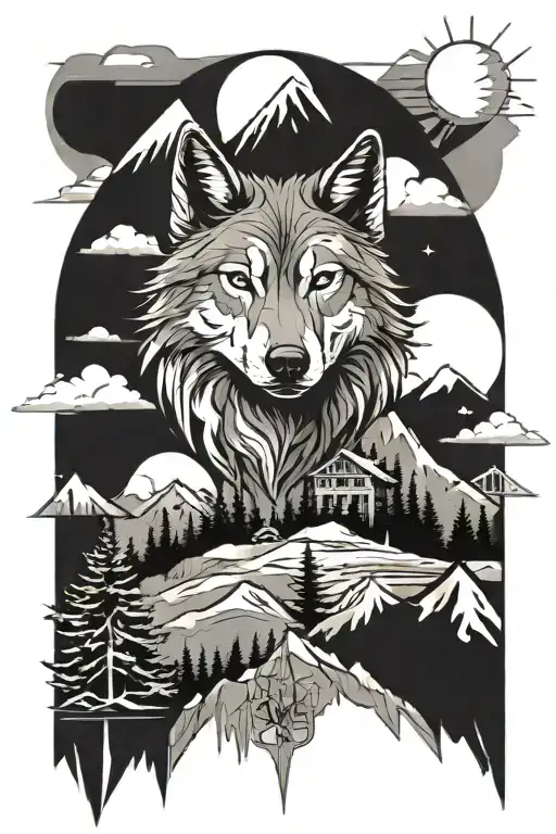 abstract wolf with mountains,trees,north sign and architectural elements tattoo design idea