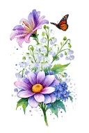 Chrysanthemum flower, lilly of the valley flower, violet flower, monarch butterfly tattoo design idea