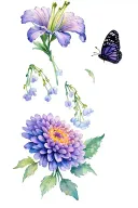 Chrysanthemum flower, lilly of the valley flower, violet flower, monarch butterfly tattoo design idea