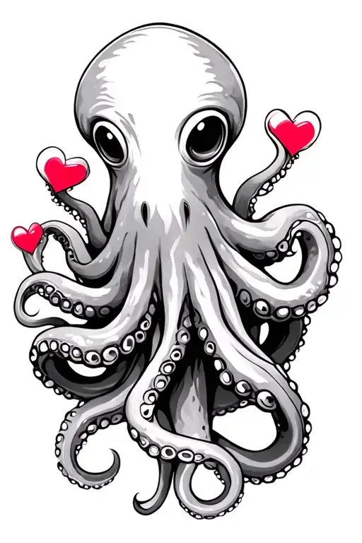 octopus holding 3 hearts in tentacles tattoo design idea
