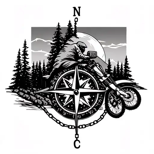 Pacific Northwest trees, compass pointing north, dirtbike riding, with a figure eight chain-link full sleeve  tattoo design idea
