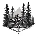 Pacific Northwest trees, compass pointing north, dirtbike riding, with a figure eight chain-link full sleeve  tattoo design idea